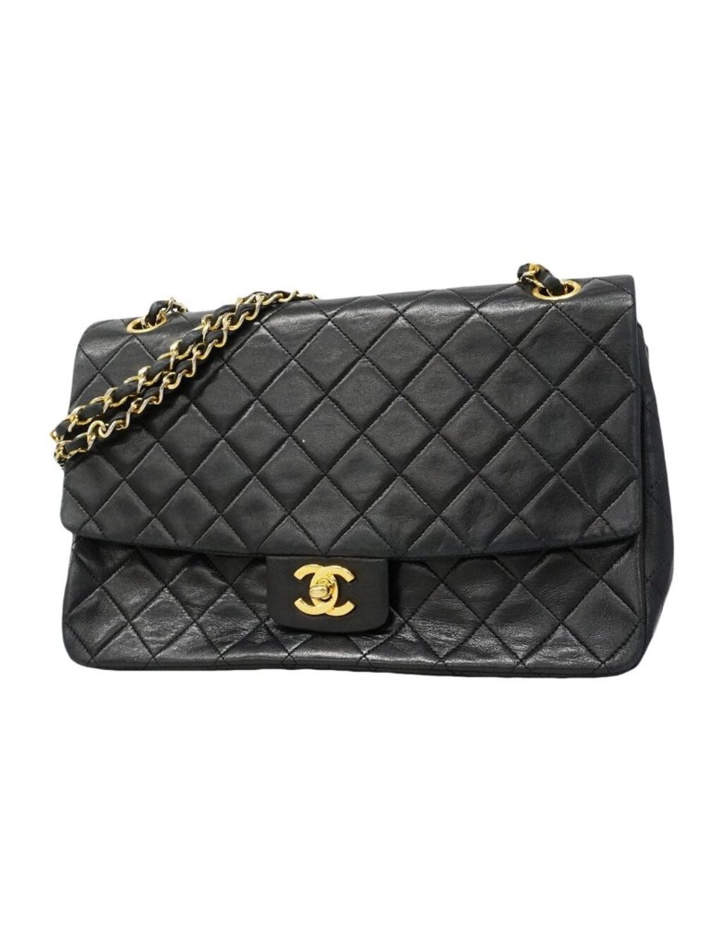 Chanel Shoulder Bag Quilted Lambskin Black Gold